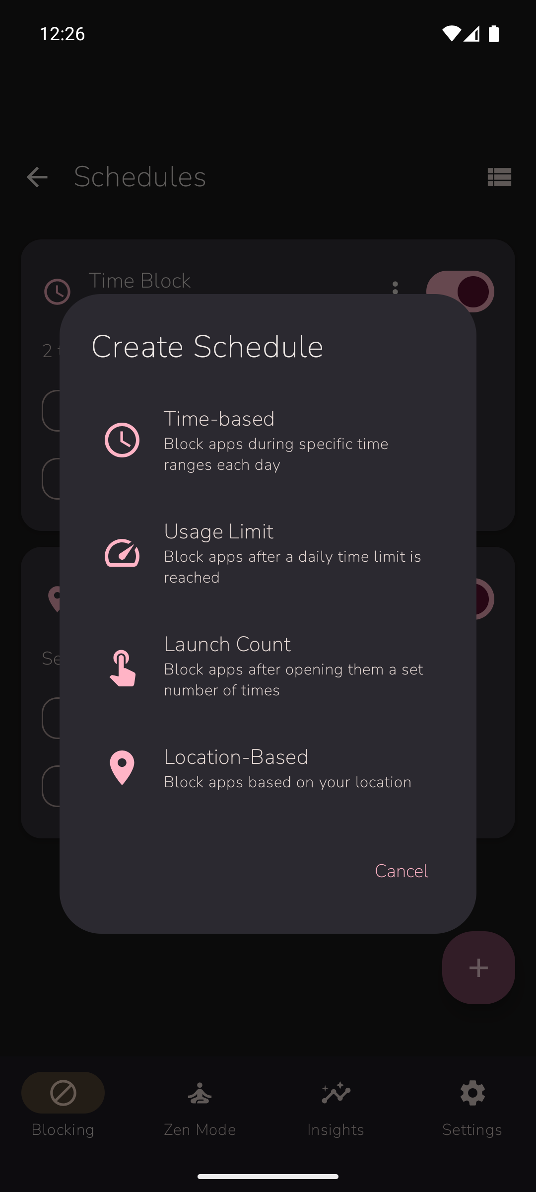 Schedule type selection dialog