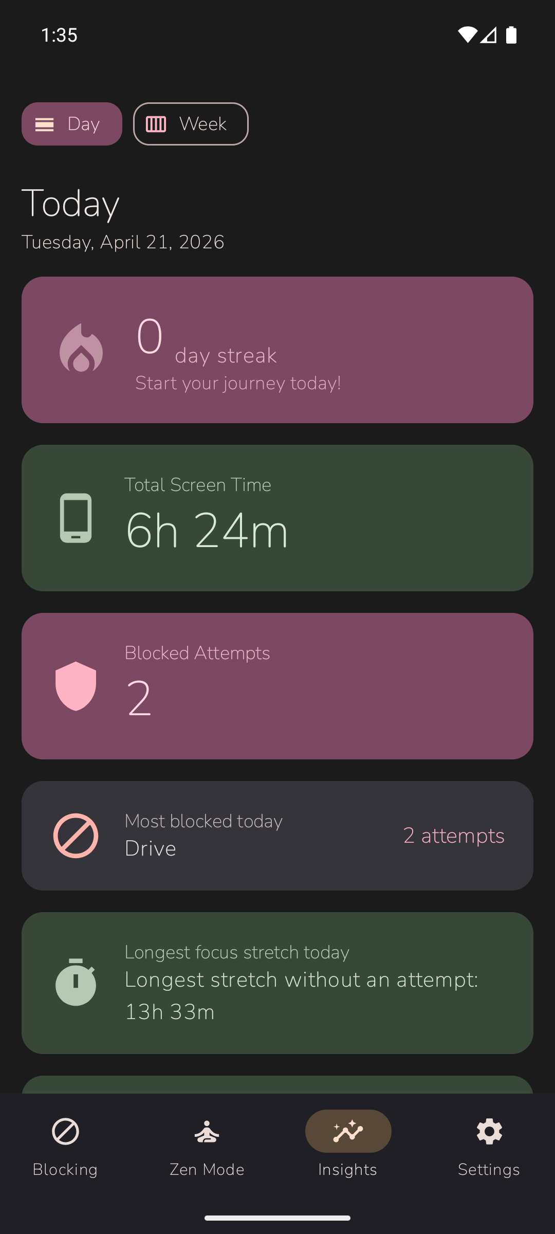 Insights screen with stats cards